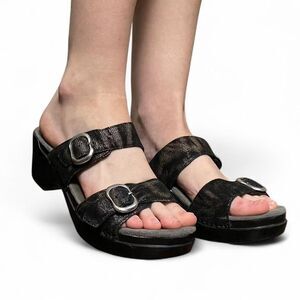 Dansko Black Leather Chunky Wedge Sandals Size 38 (7.5-8) Silver Buckle
